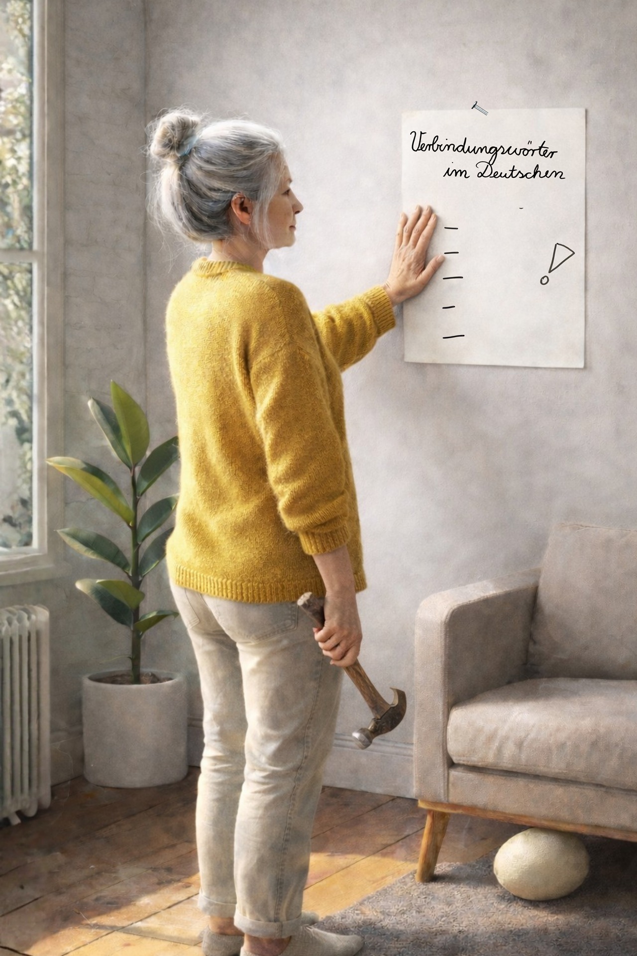 Eine Lektorin nagelt ein Plakat an die Wand, auf dem die Überschrift steht: Verbindungswörter im Deutschen. KI-generiert.